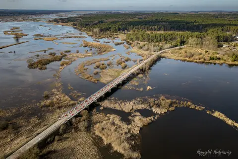 Kładka przecina rozlewiska, łącząc brzegi pośród wysepek traw i trzcin.