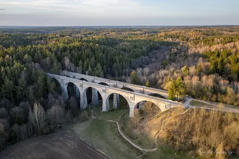 Wysokie łuki wiaduktów wyrastają ponad koronami drzew i skrajem pól.