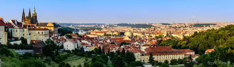 Czerwone dachy i kościelne wieże w rozległej panoramie miasta ponad zielenią.