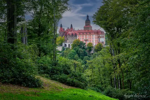 Zamek o czerwonych dachach wyłania się z gęstej zieleni po drugiej stronie doliny.